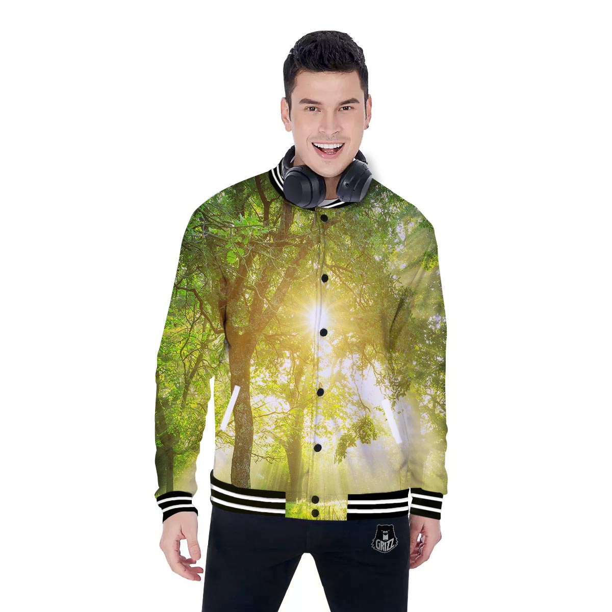 Forest Sunrise Print Baseball Jacket-grizzshop