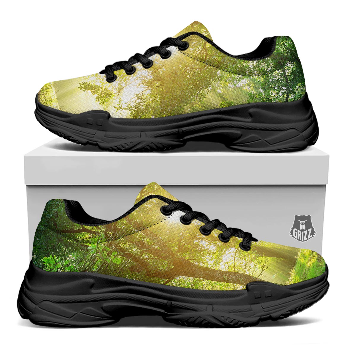 Forest Sunrise Print Black Chunky Shoes-grizzshop