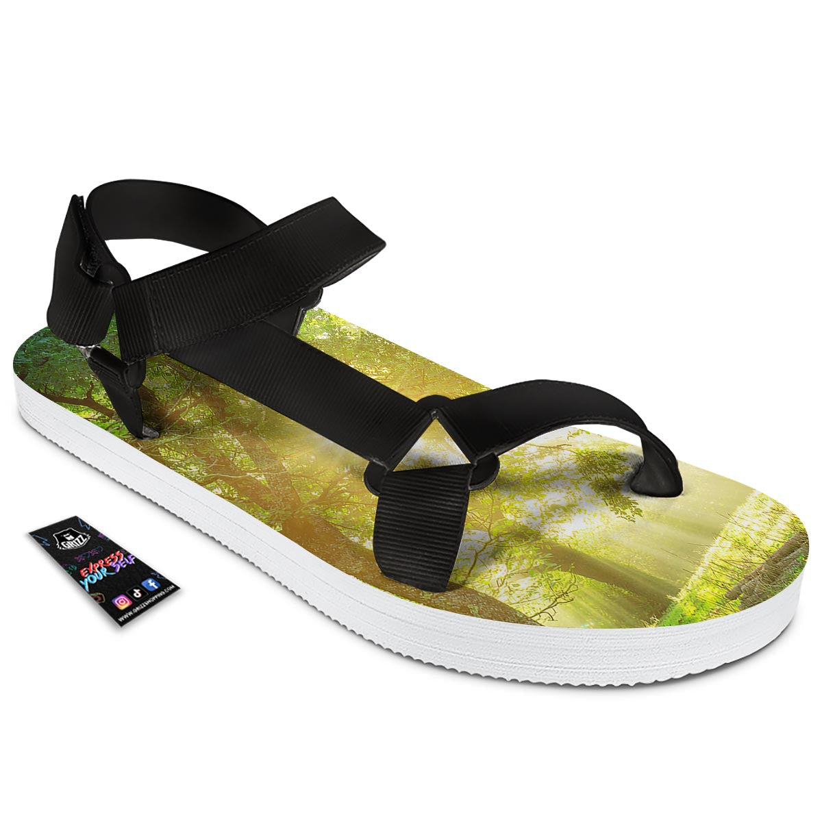 Forest Sunrise Print Black Open Toe Sandals-grizzshop