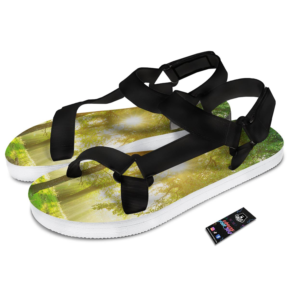 Forest Sunrise Print Black Open Toe Sandals-grizzshop