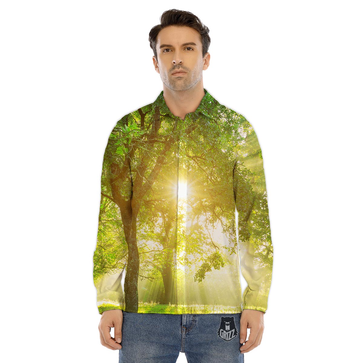 Forest Sunrise Print Men's Dress Shirts-grizzshop