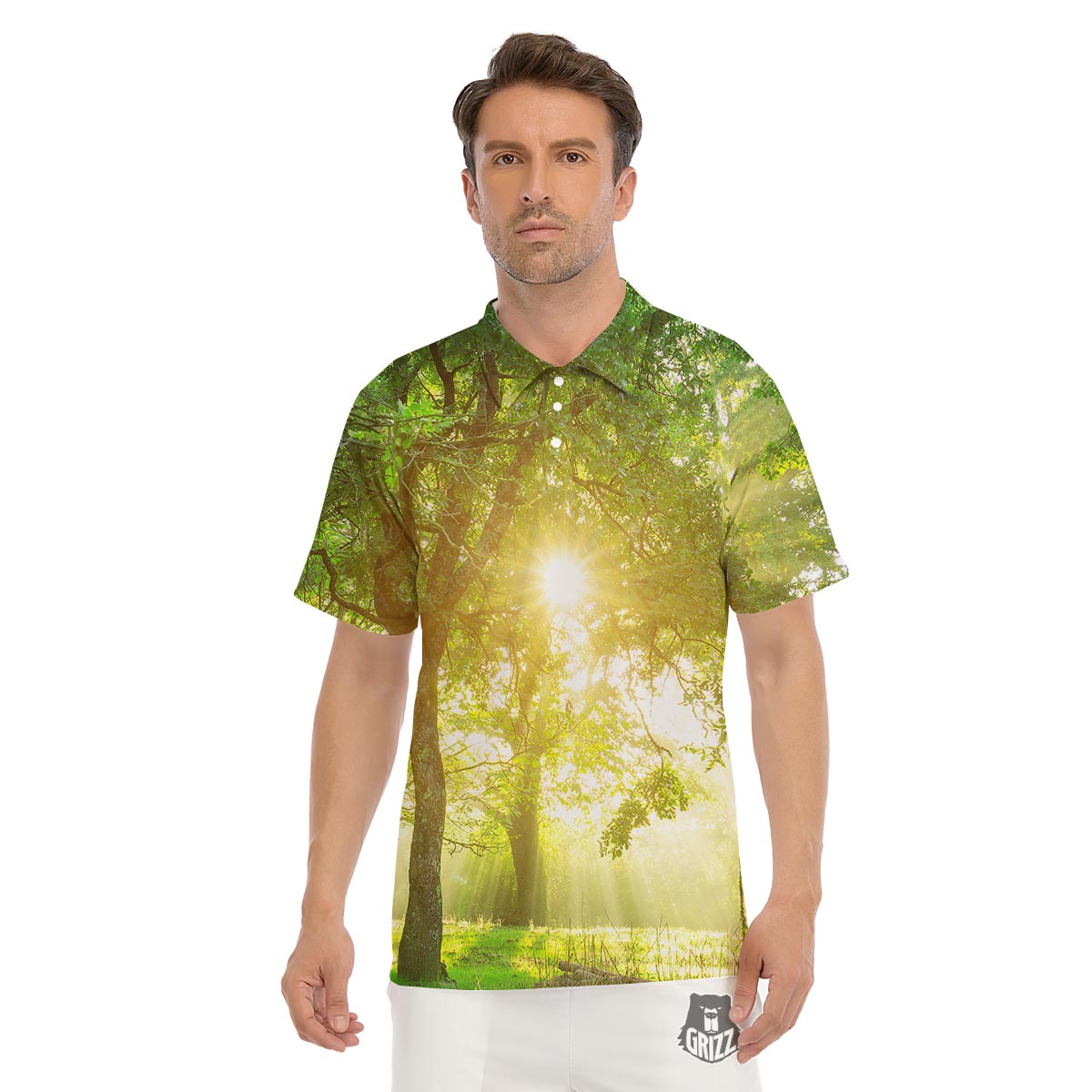 Forest Sunrise Print Men's Golf Shirts-grizzshop