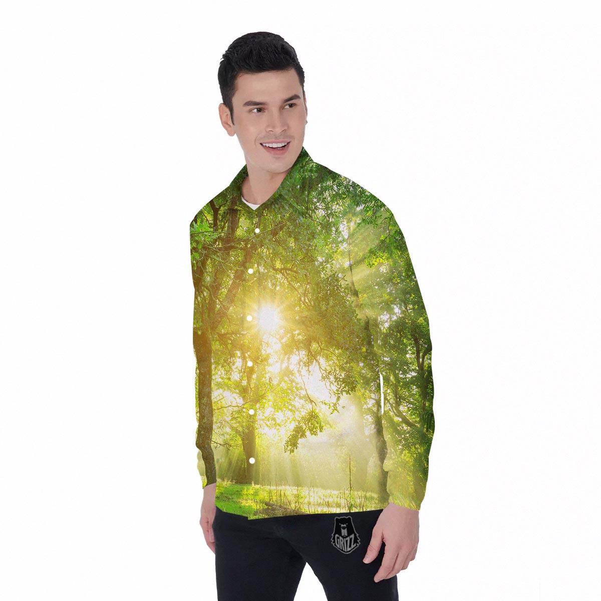Forest Sunrise Print Men's Long Sleeve Shirts-grizzshop