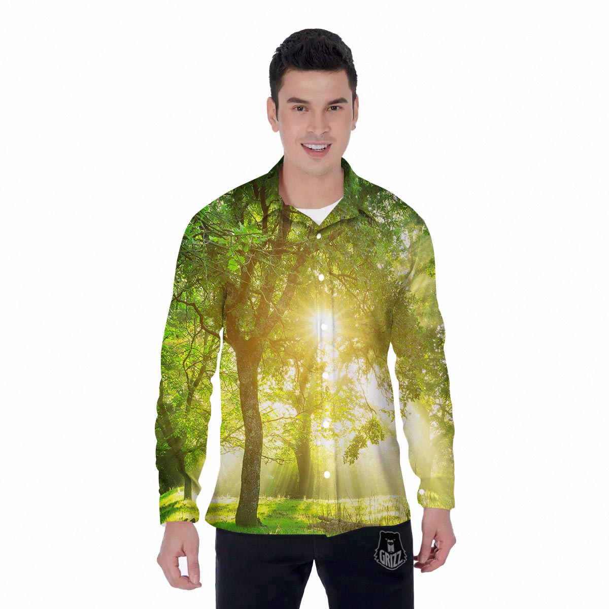 Forest Sunrise Print Men's Long Sleeve Shirts-grizzshop