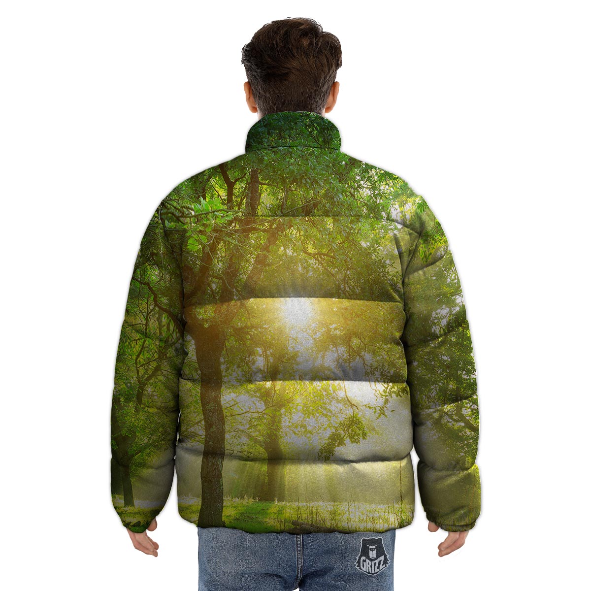 Forest Sunrise Print Puffer Jacket-grizzshop
