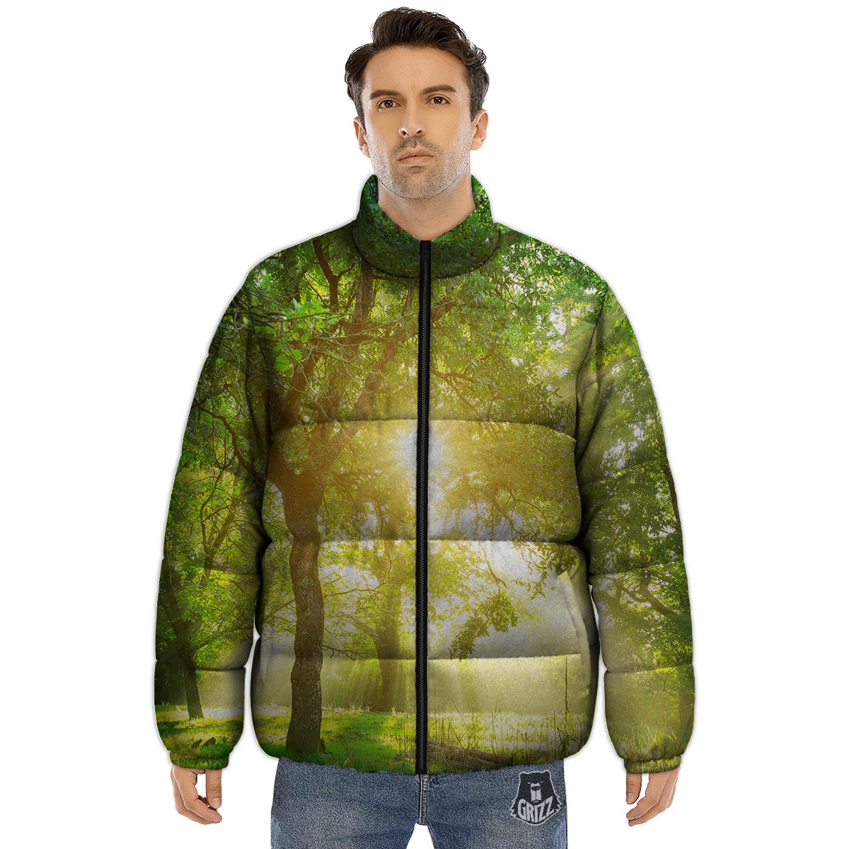 Forest Sunrise Print Puffer Jacket-grizzshop