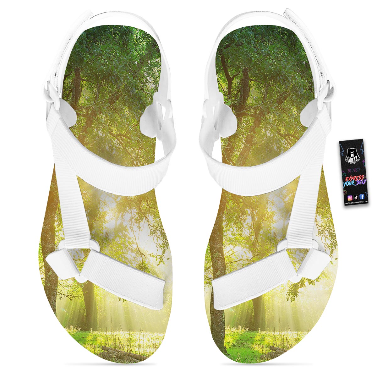 Forest Sunrise Print White Open Toe Sandals-grizzshop