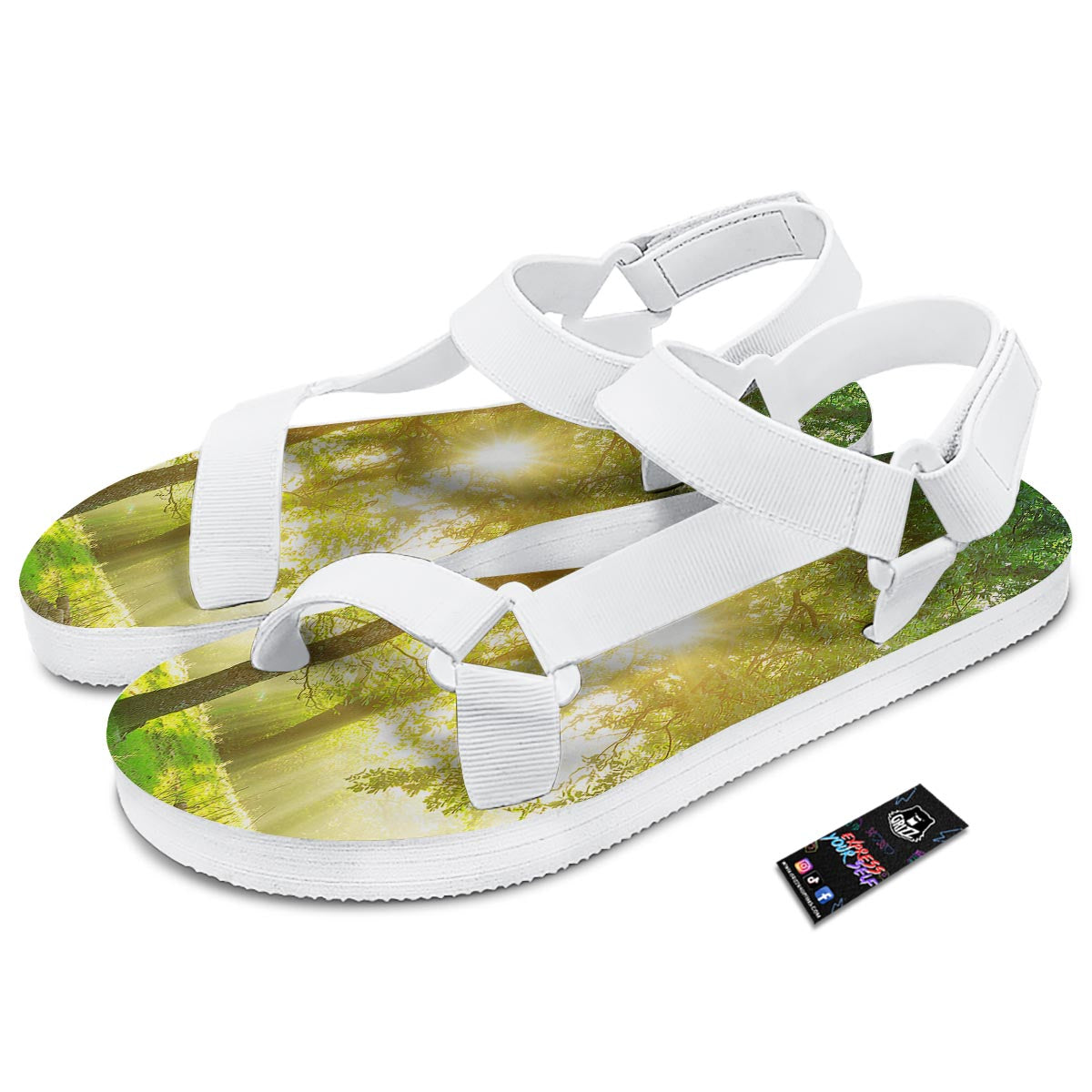 Forest Sunrise Print White Open Toe Sandals-grizzshop