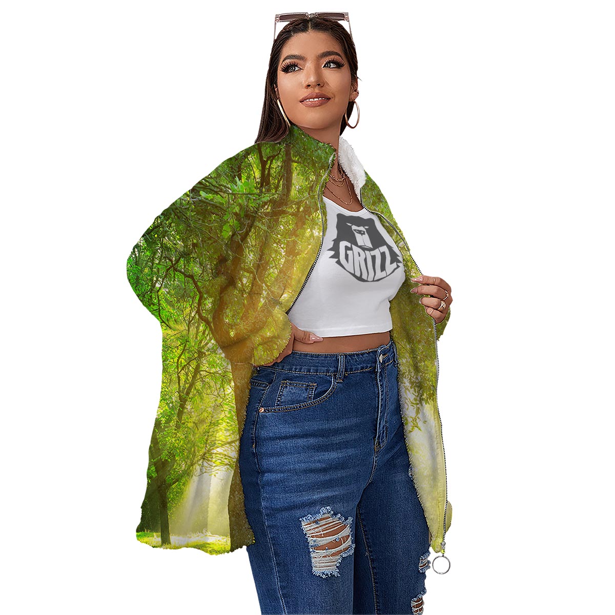 Forest Sunrise Print Women's Sherpa Jacket-grizzshop