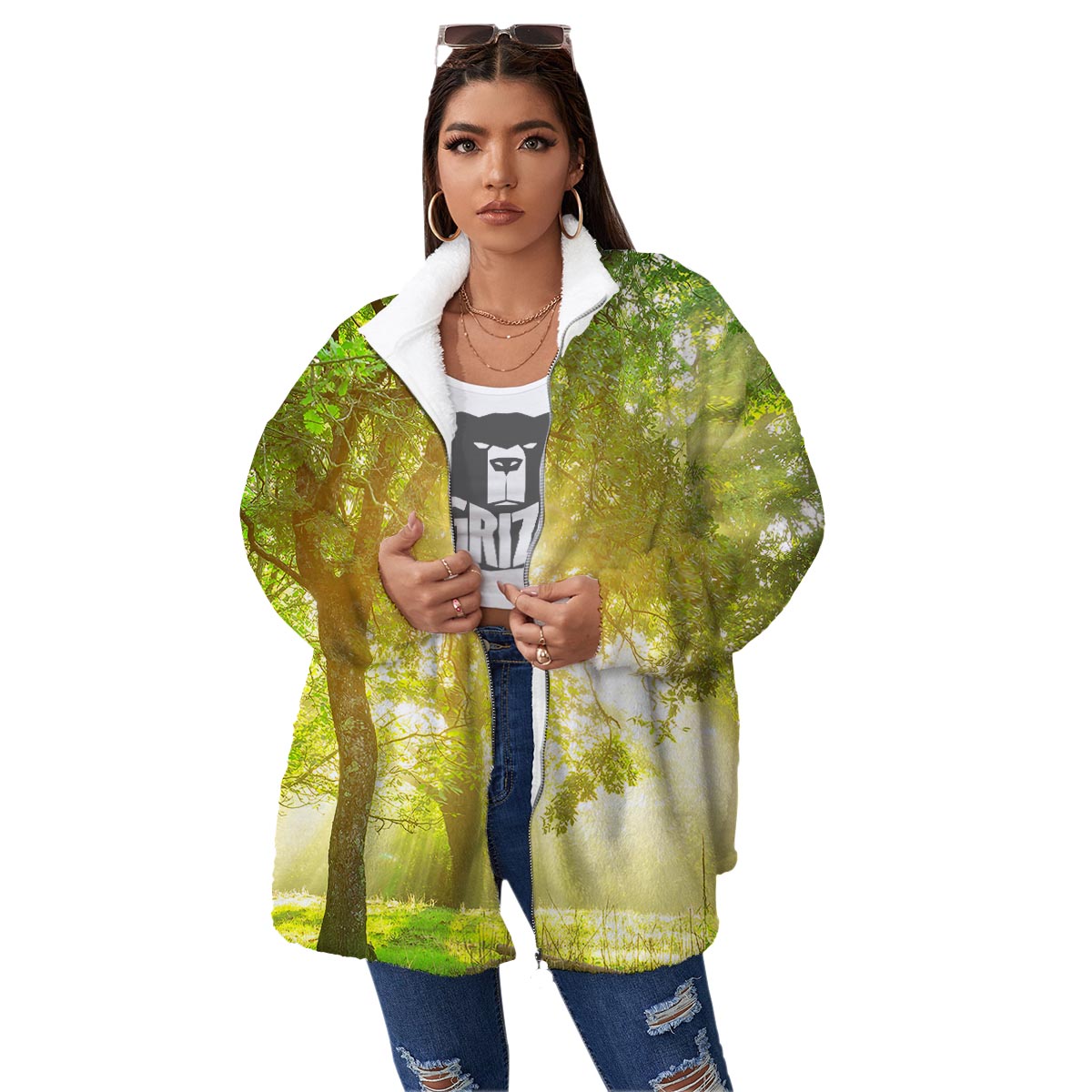 Forest Sunrise Print Women's Sherpa Jacket-grizzshop
