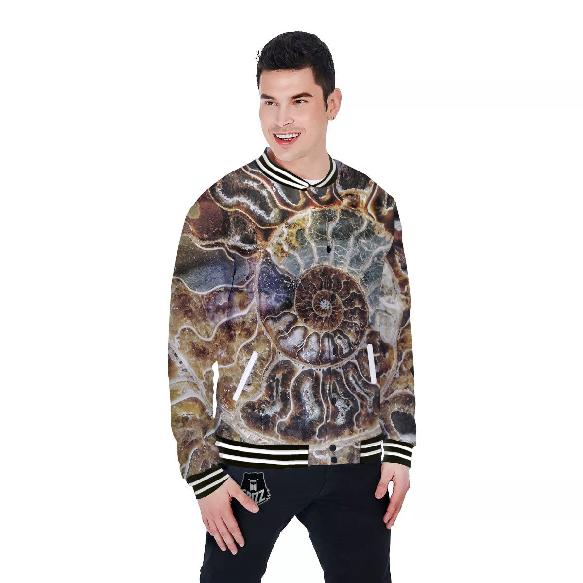 Fossil Ammonite Print Baseball Jacket-grizzshop