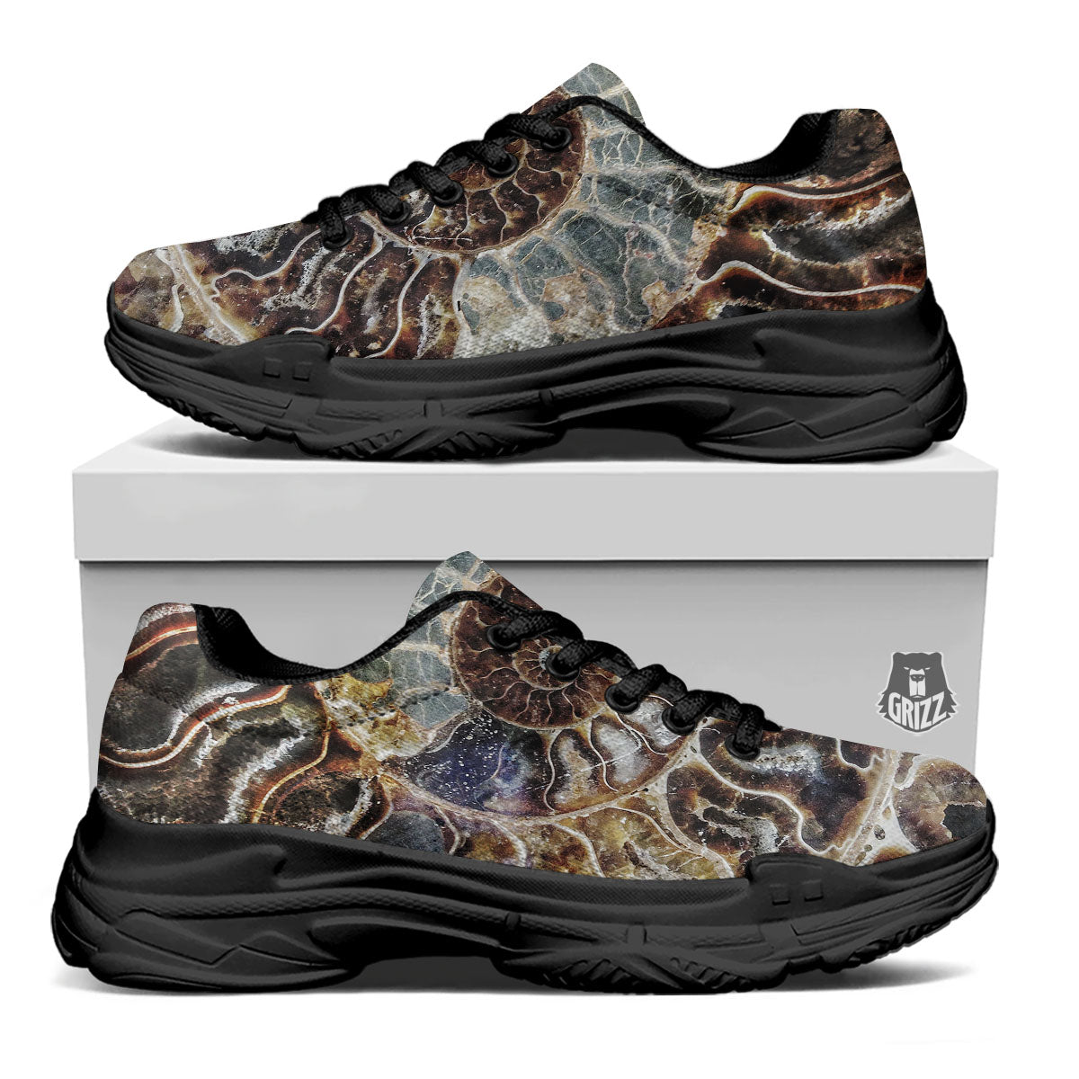 Fossil Ammonite Print Black Chunky Shoes-grizzshop