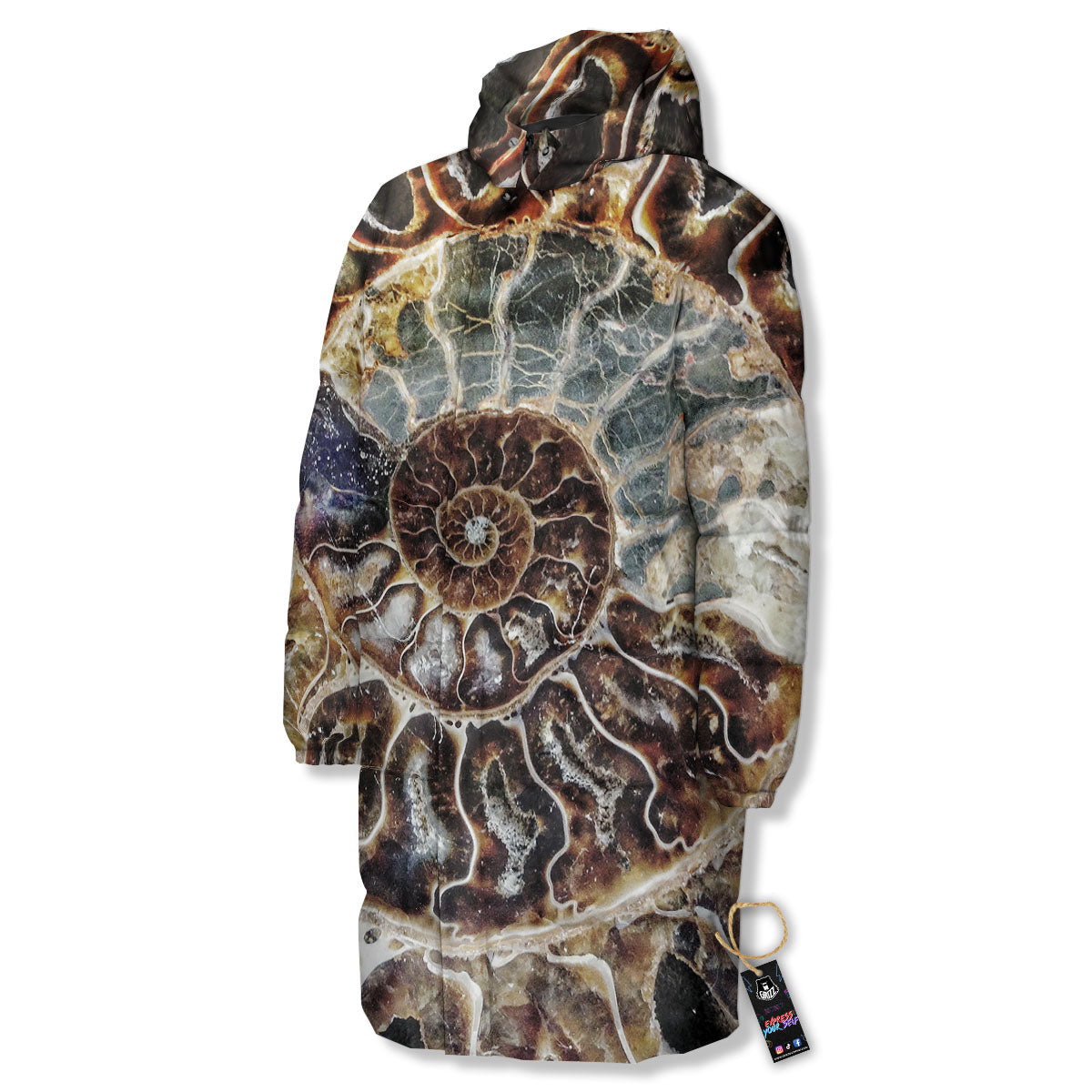 Fossil Ammonite Print Long Down Jacket-grizzshop