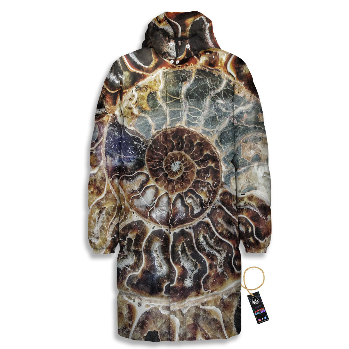 Fossil Ammonite Print Long Down Jacket-grizzshop