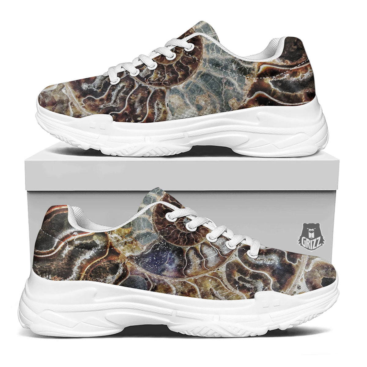 Fossil Ammonite Print White Chunky Shoes-grizzshop