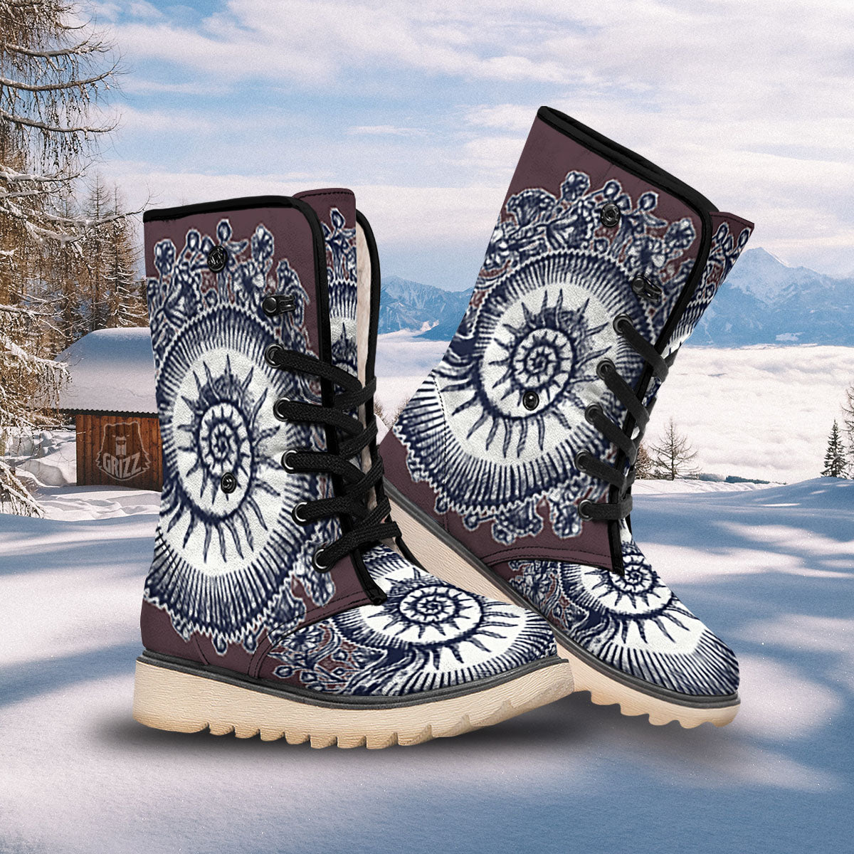 Fossil Ammonite Shell Print Snow Boots-grizzshop
