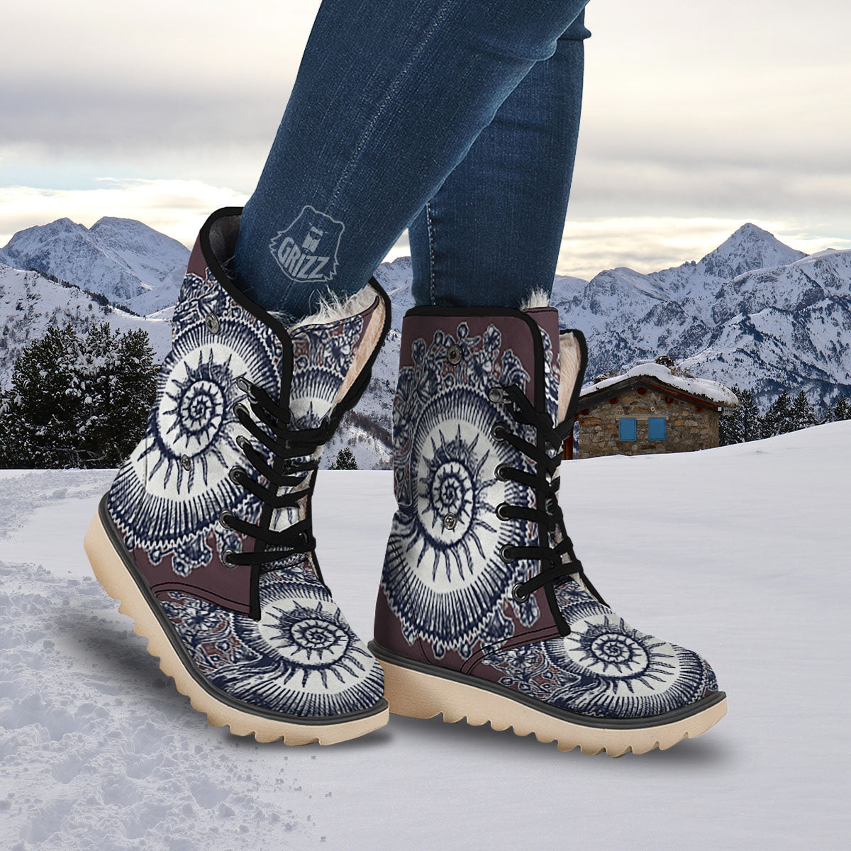 Fossil Ammonite Shell Print Snow Boots-grizzshop