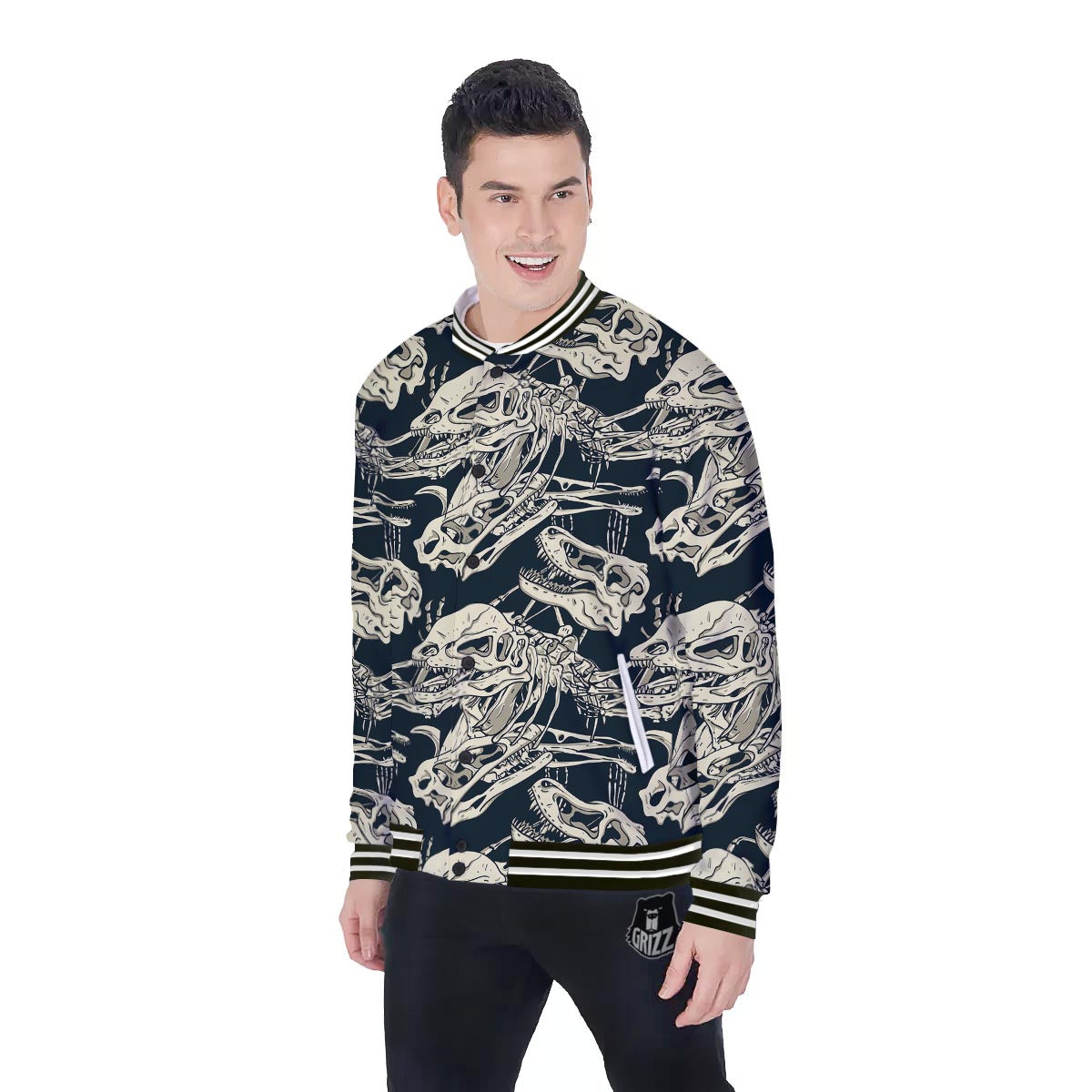 Fossil Dino And T Rex Print Pattern Baseball Jacket-grizzshop