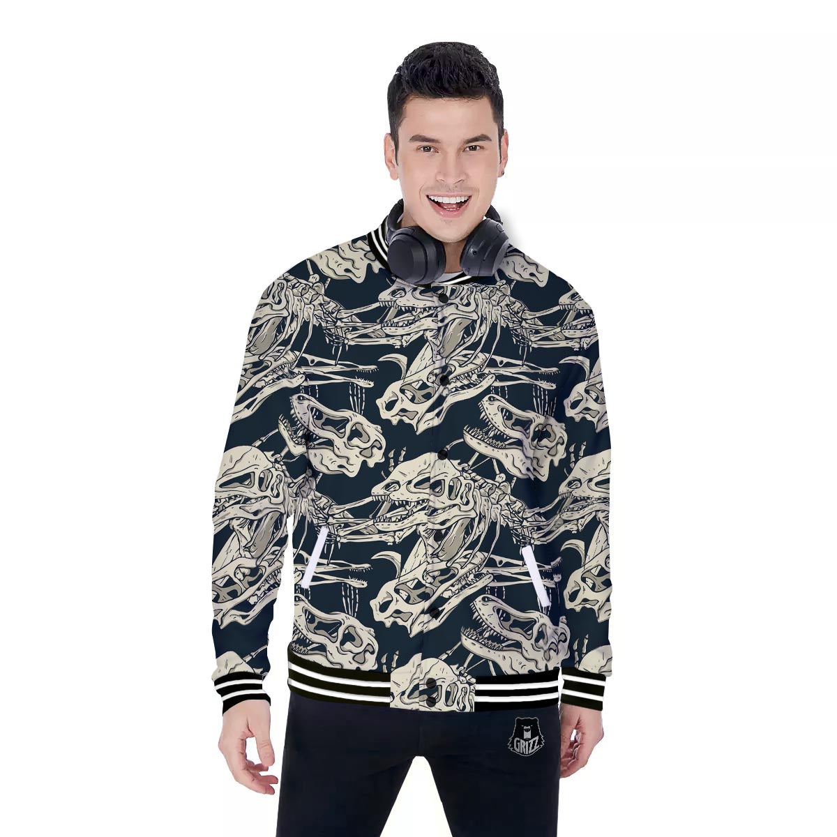 Fossil Dino And T Rex Print Pattern Baseball Jacket-grizzshop