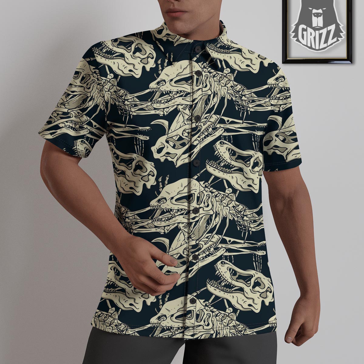Fossil Dino And T Rex Print Pattern Untucked Shirts-grizzshop