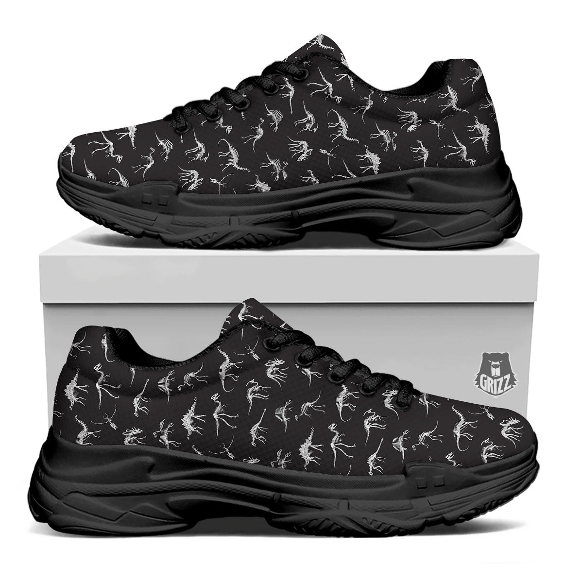 Fossil Dino Skeleton Print Pattern Black Chunky Shoes-grizzshop