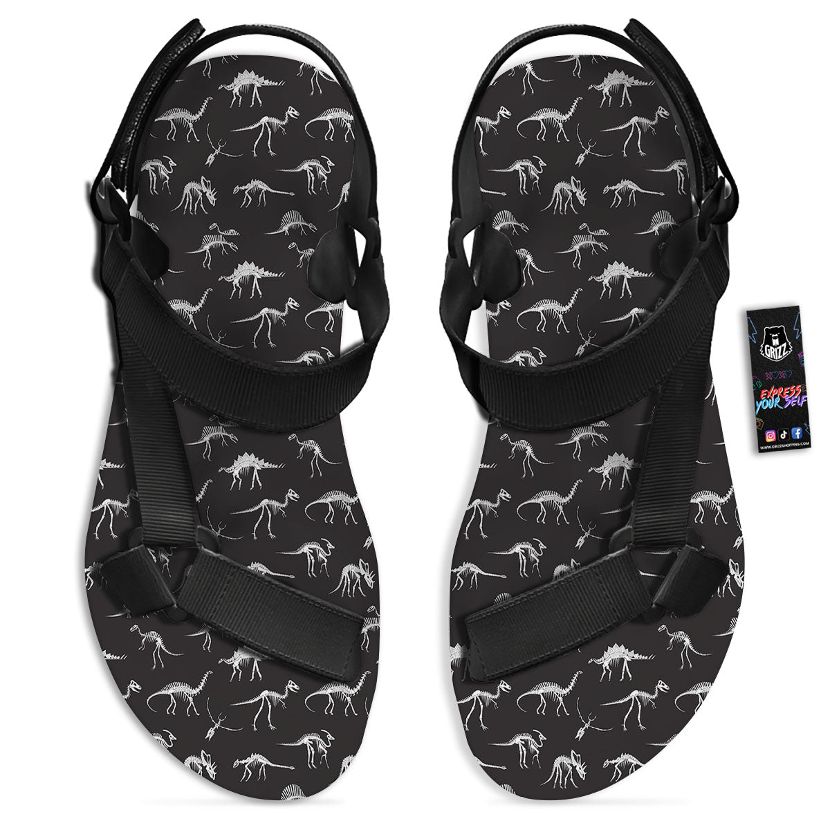 Fossil Dino Skeleton Print Pattern Black Open Toe Sandals-grizzshop