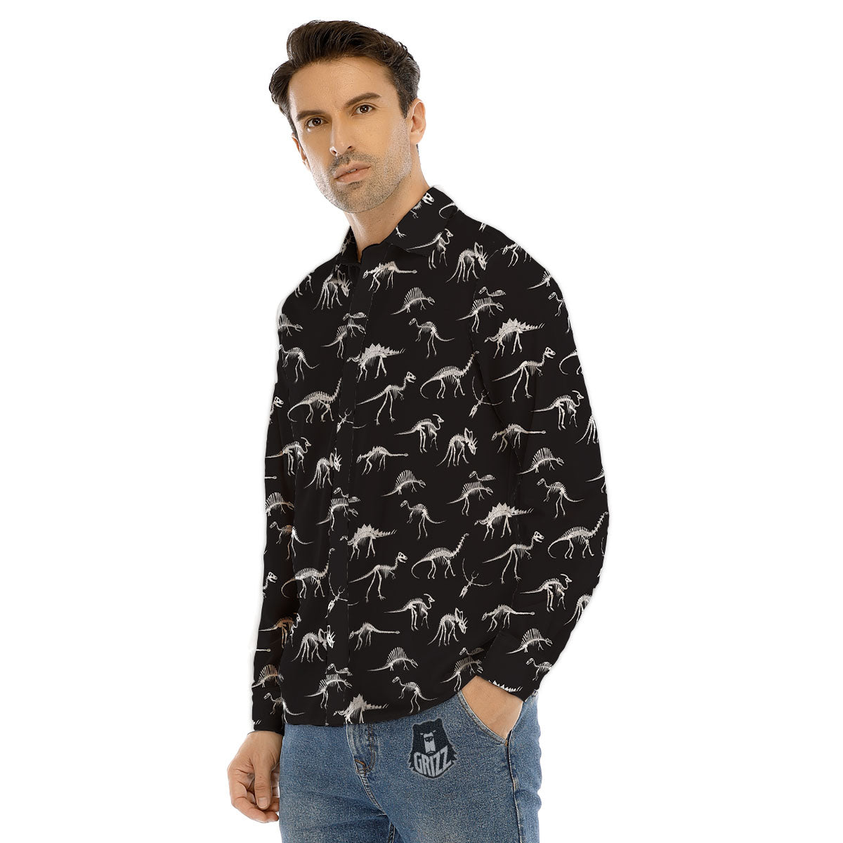 Fossil Dino Skeleton Print Pattern Men's Dress Shirts-grizzshop