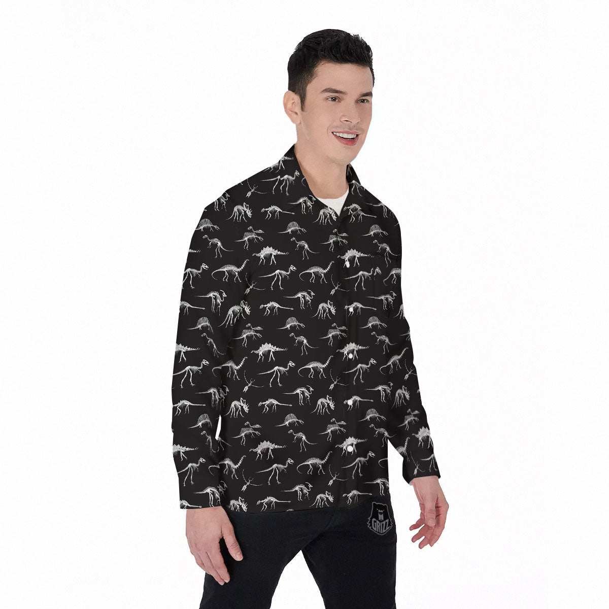Fossil Dino Skeleton Print Pattern Men's Long Sleeve Shirts-grizzshop