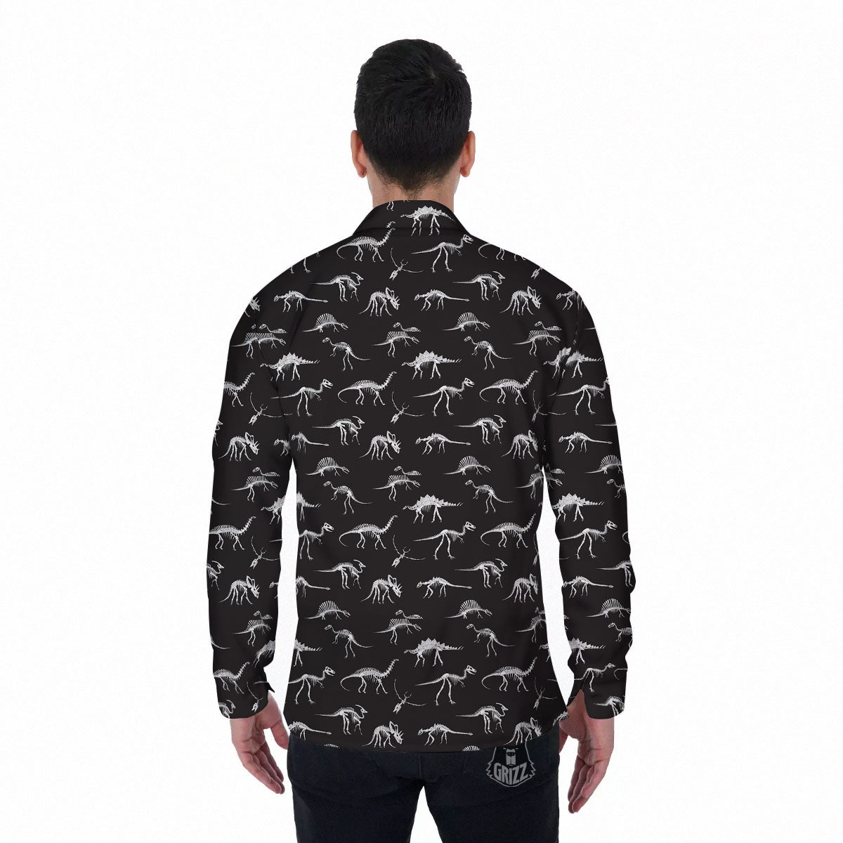 Fossil Dino Skeleton Print Pattern Men's Long Sleeve Shirts-grizzshop