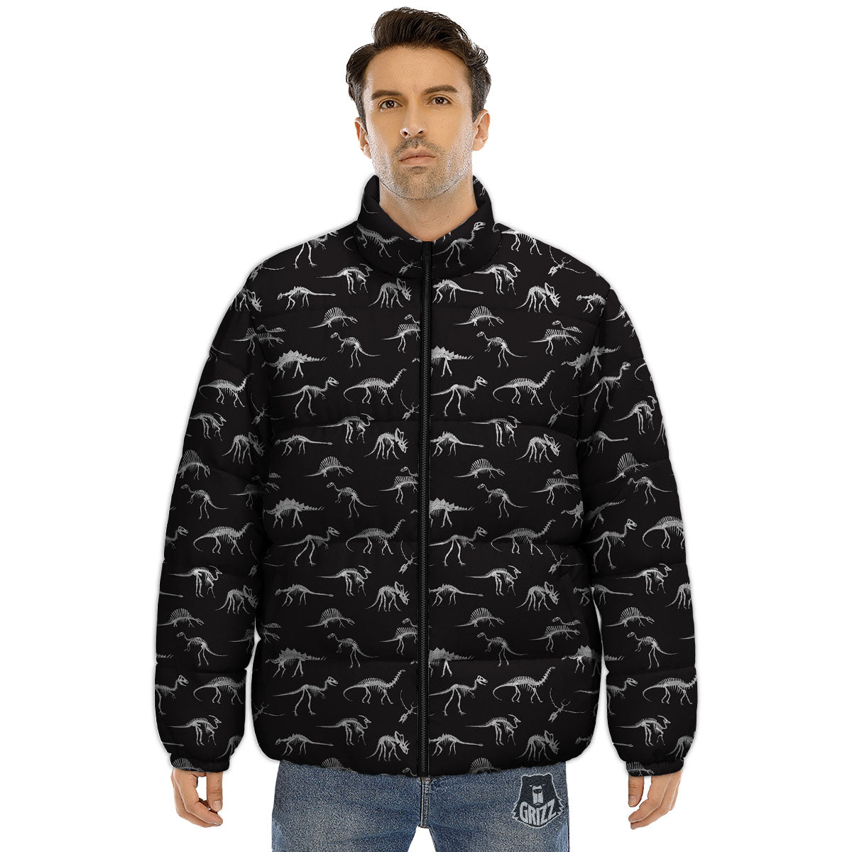 Fossil Dino Skeleton Print Pattern Puffer Jacket-grizzshop