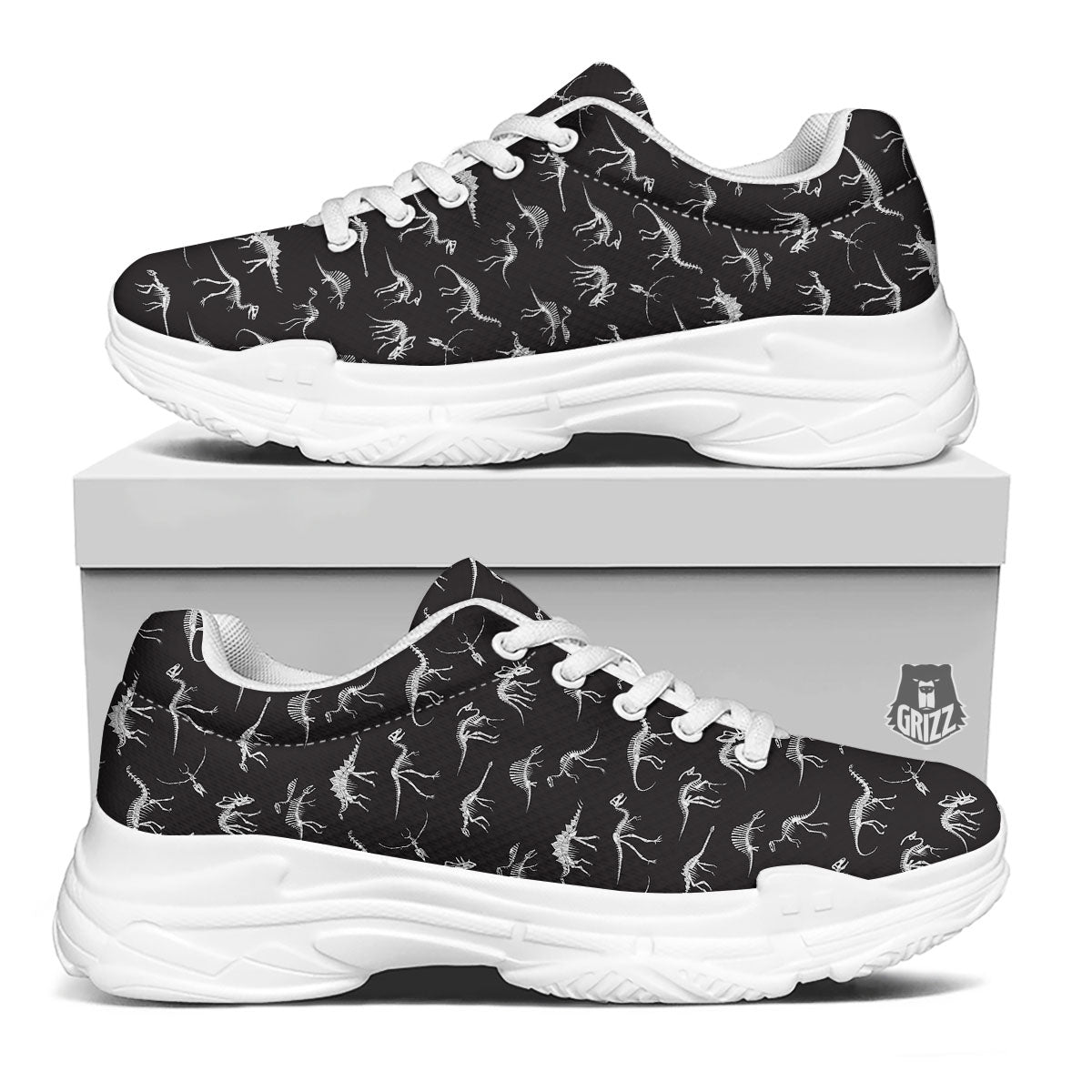 Fossil Dino Skeleton Print Pattern White Chunky Shoes-grizzshop