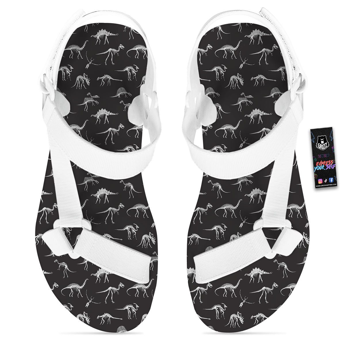 Fossil Dino Skeleton Print Pattern White Open Toe Sandals-grizzshop