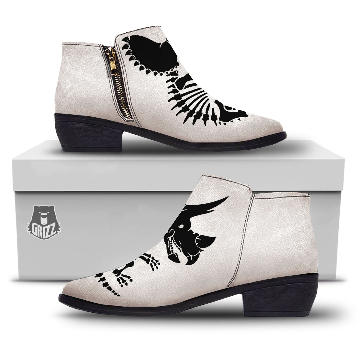 Fossil Dinosaur Monochrome Print Ankle Boots-grizzshop