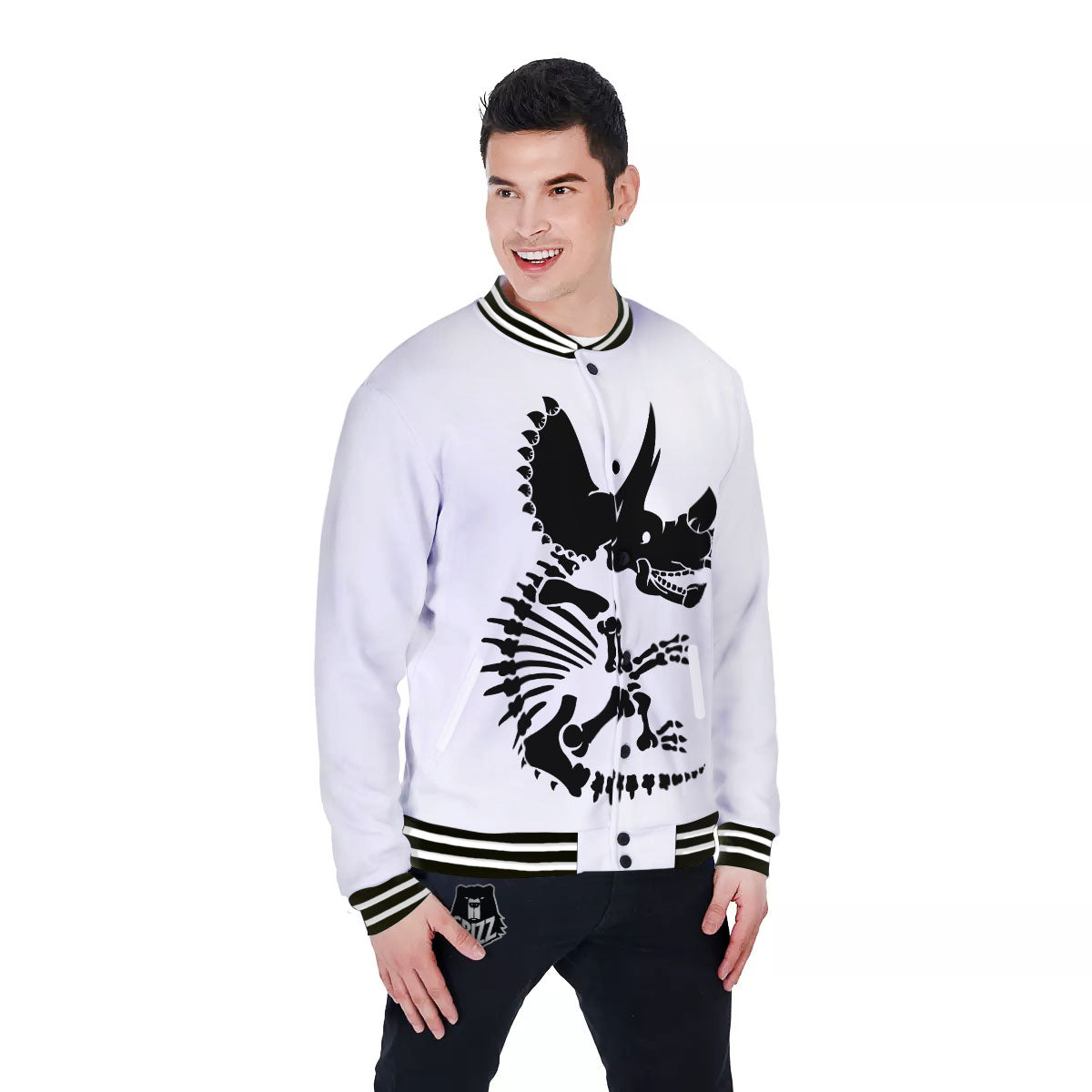Fossil Dinosaur Monochrome Print Baseball Jacket-grizzshop