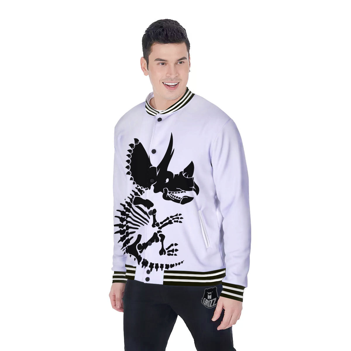 Fossil Dinosaur Monochrome Print Baseball Jacket-grizzshop