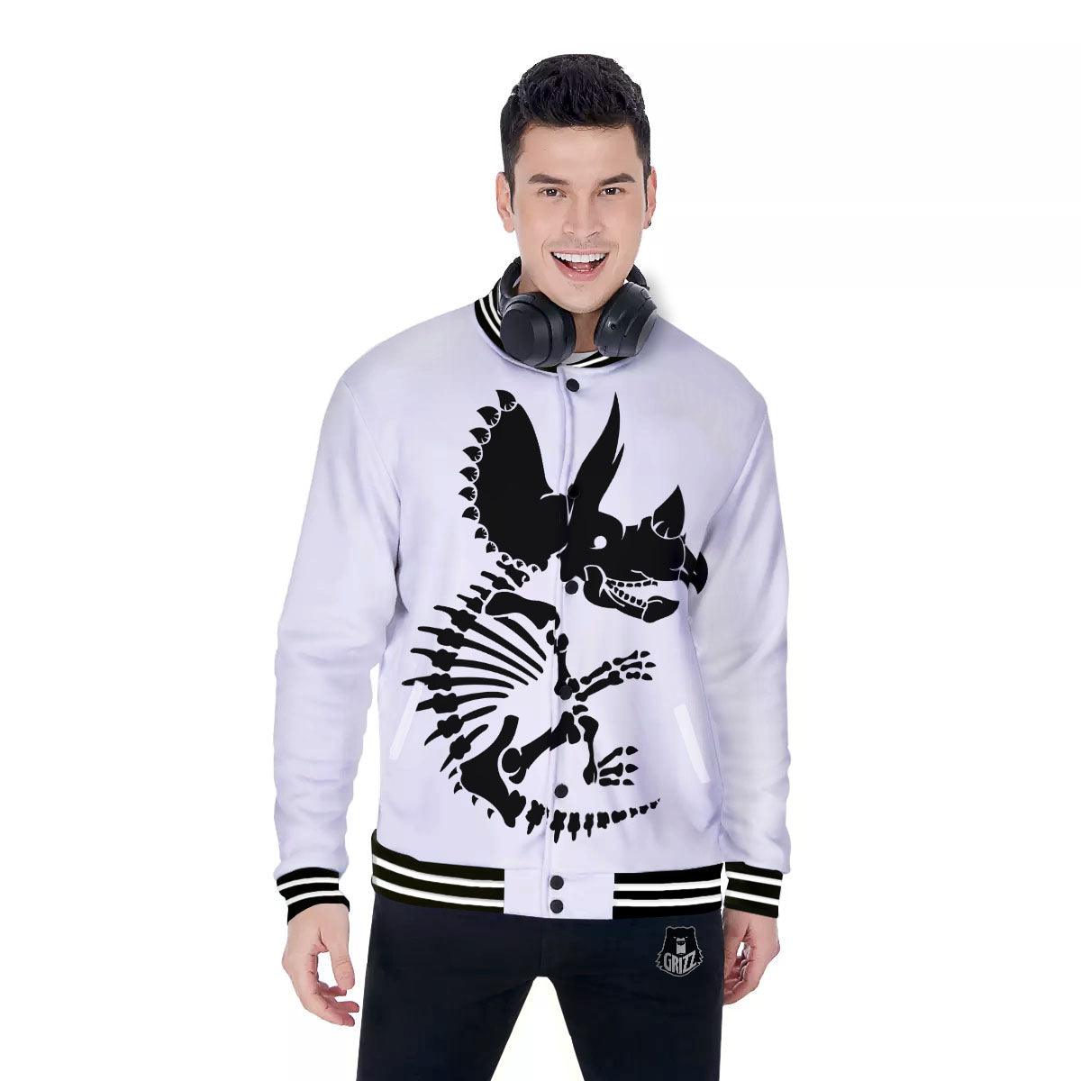 Fossil Dinosaur Monochrome Print Baseball Jacket-grizzshop