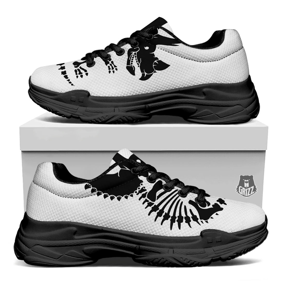 Fossil Dinosaur Monochrome Print Black Chunky Shoes-grizzshop