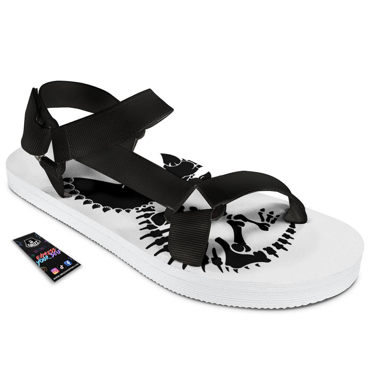Fossil Dinosaur Monochrome Print Black Open Toe Sandals-grizzshop