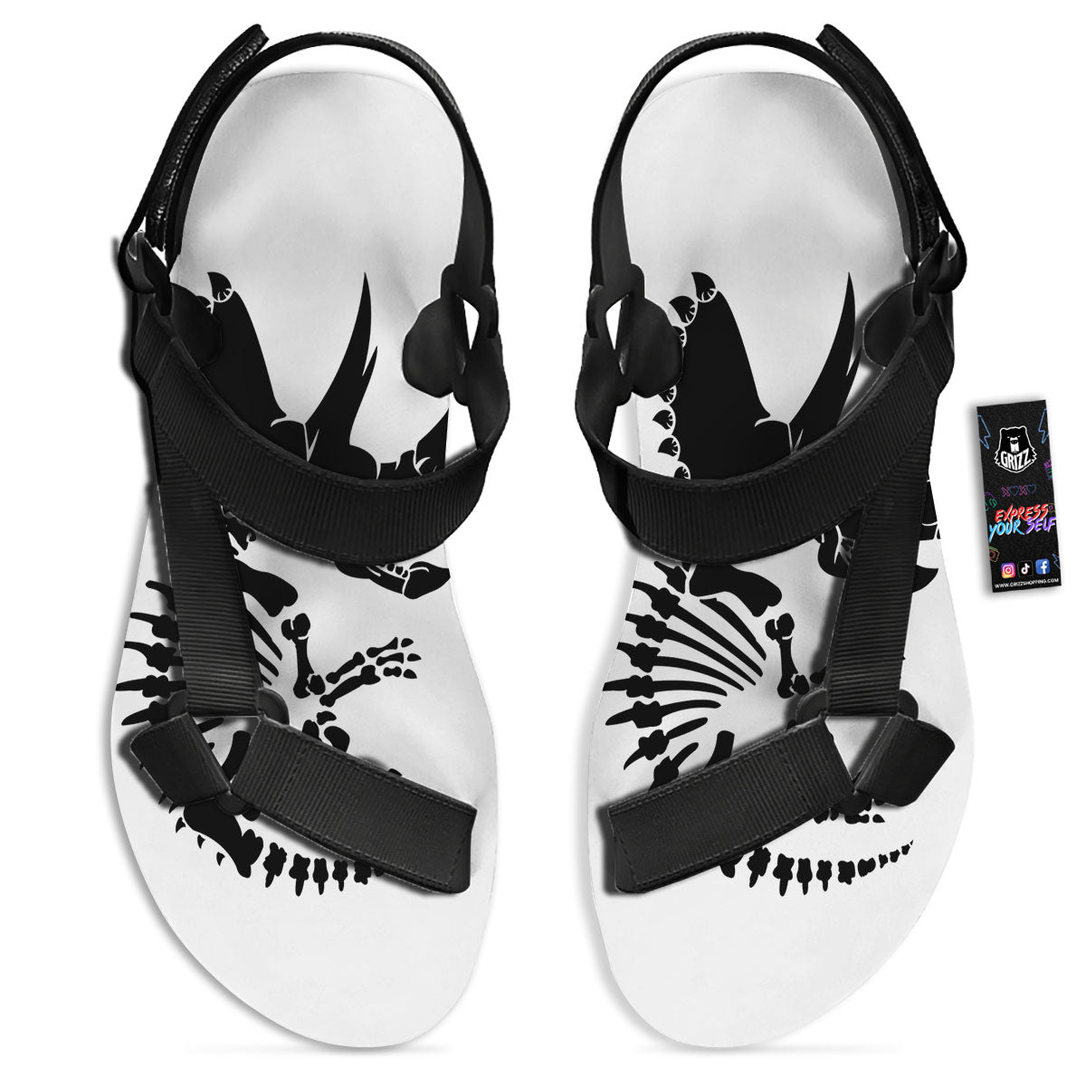 Fossil Dinosaur Monochrome Print Black Open Toe Sandals-grizzshop