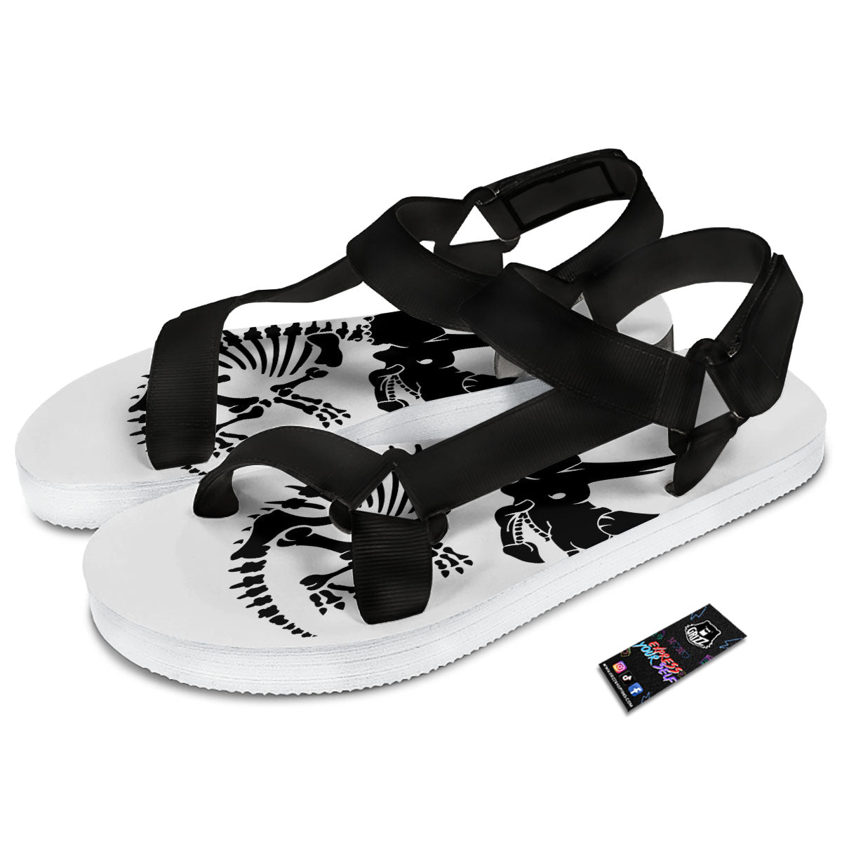 Fossil Dinosaur Monochrome Print Black Open Toe Sandals-grizzshop