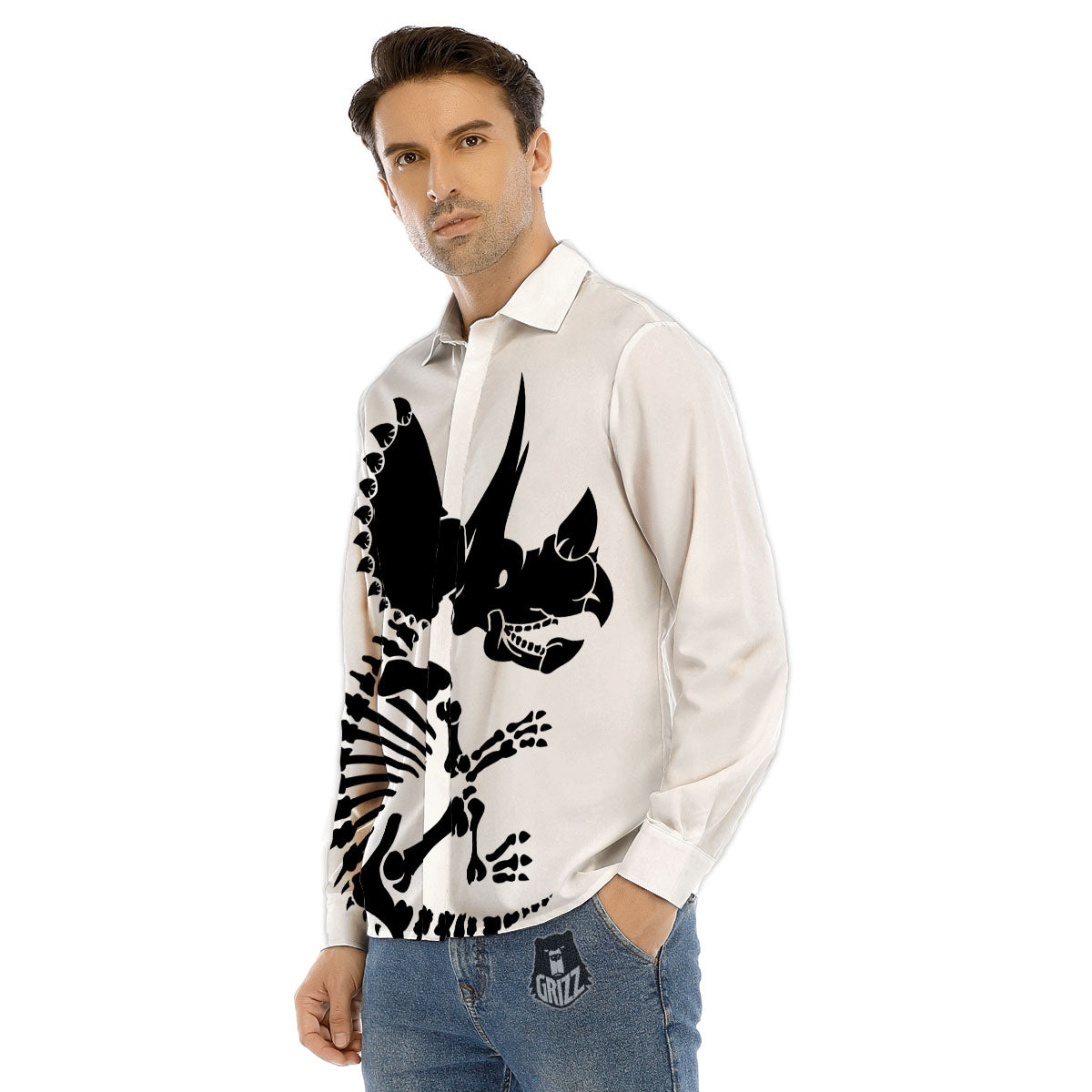 Fossil Dinosaur Monochrome Print Men's Dress Shirts-grizzshop