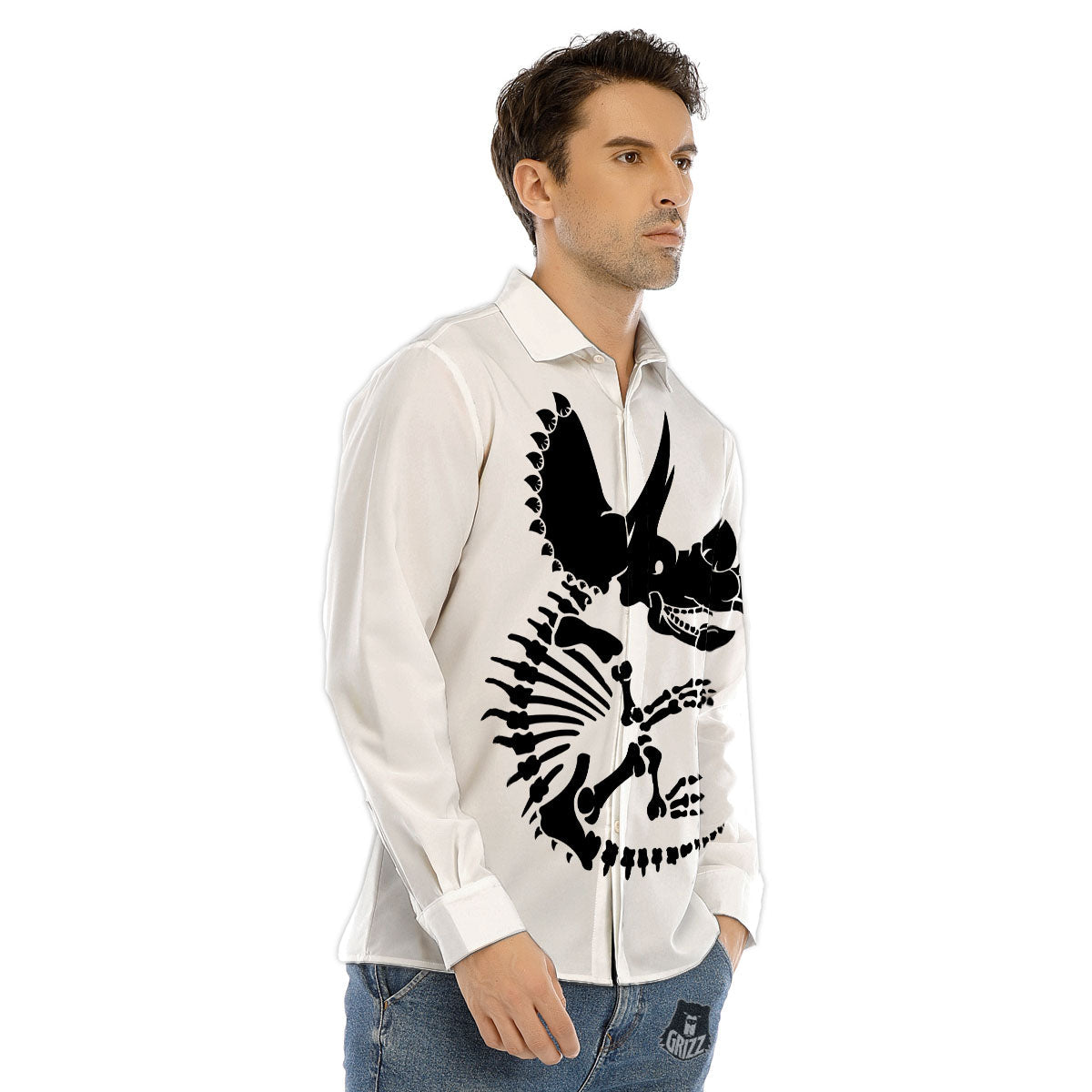 Fossil Dinosaur Monochrome Print Men's Dress Shirts-grizzshop