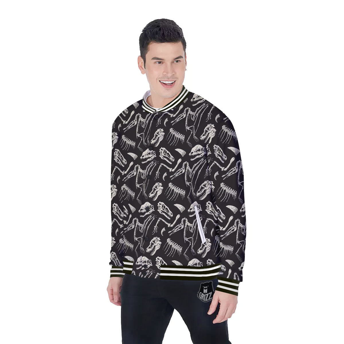 Fossil Dinosaur Monochrome Print Pattern Baseball Jacket-grizzshop