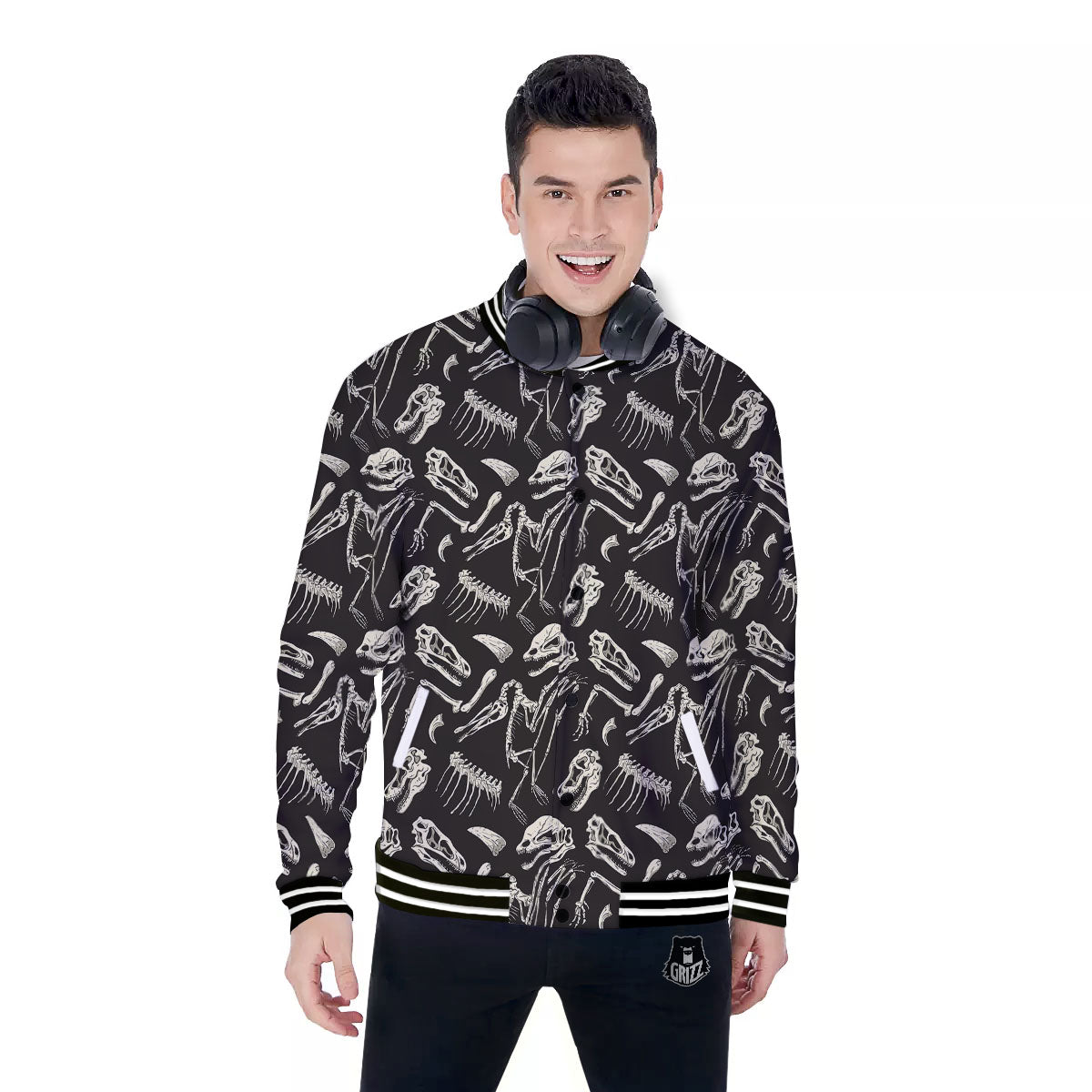 Fossil Dinosaur Monochrome Print Pattern Baseball Jacket-grizzshop