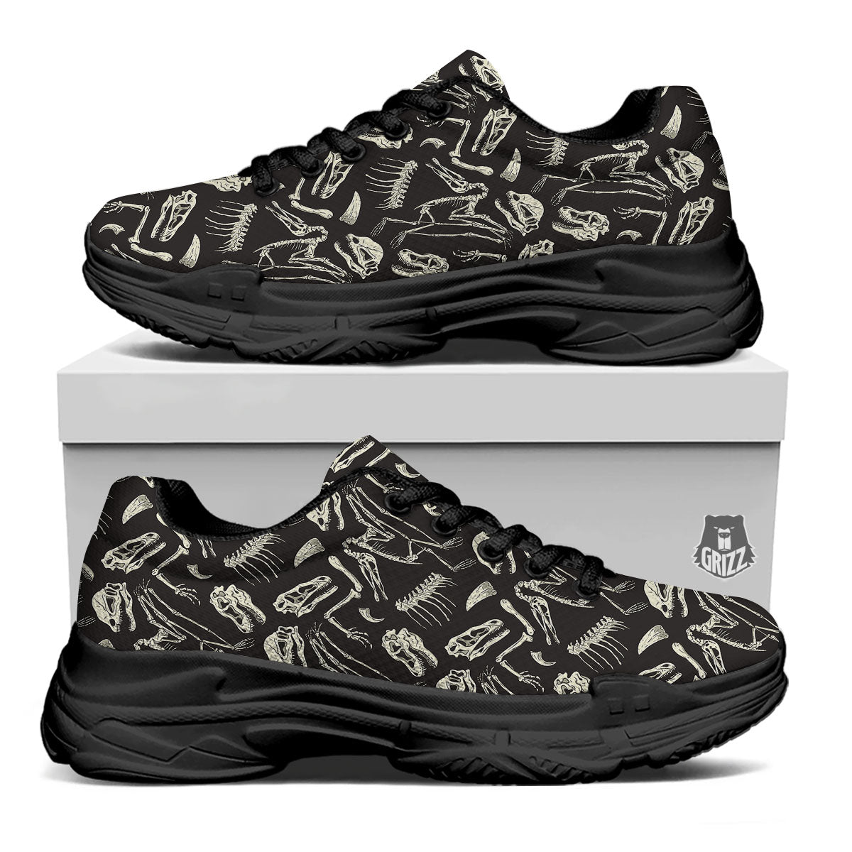Fossil Dinosaur Monochrome Print Pattern Black Chunky Shoes-grizzshop