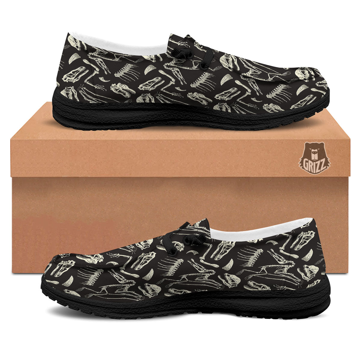 Fossil Dinosaur Monochrome Print Pattern Black Loafers-grizzshop