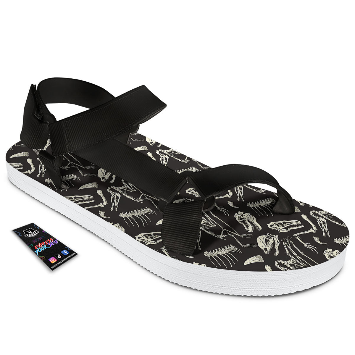 Fossil Dinosaur Monochrome Print Pattern Black Open Toe Sandals-grizzshop