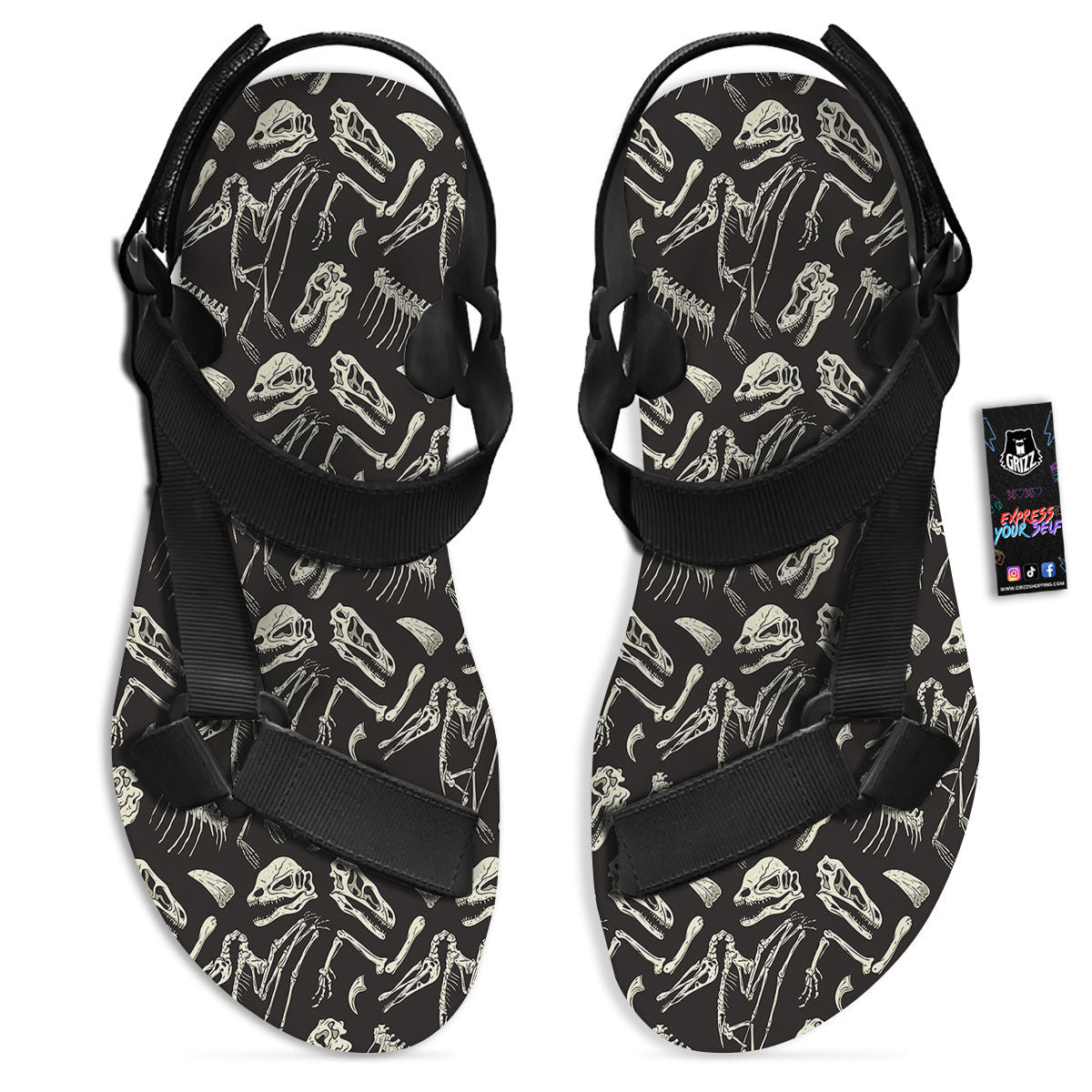 Fossil Dinosaur Monochrome Print Pattern Black Open Toe Sandals-grizzshop