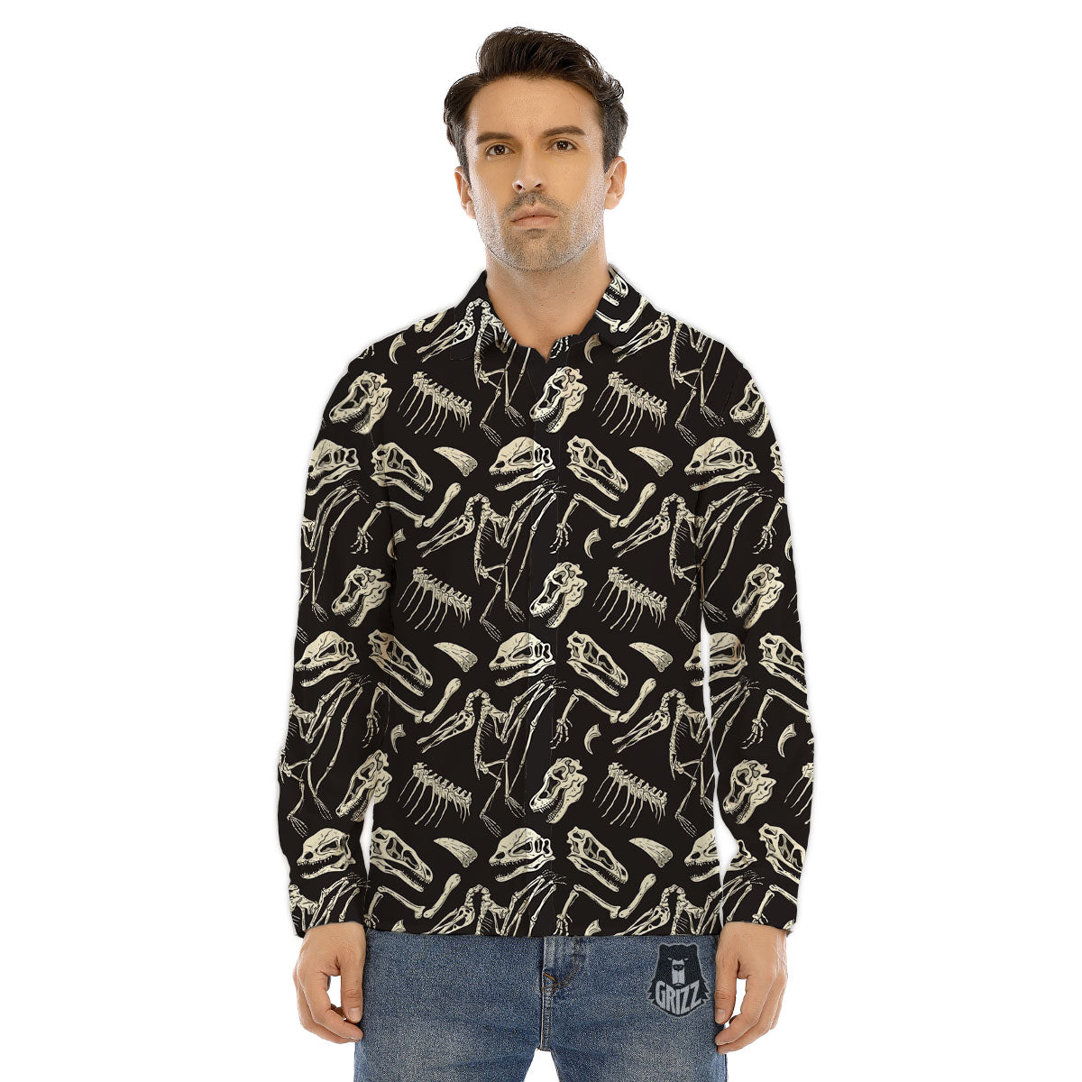Fossil Dinosaur Monochrome Print Pattern Men's Dress Shirts-grizzshop