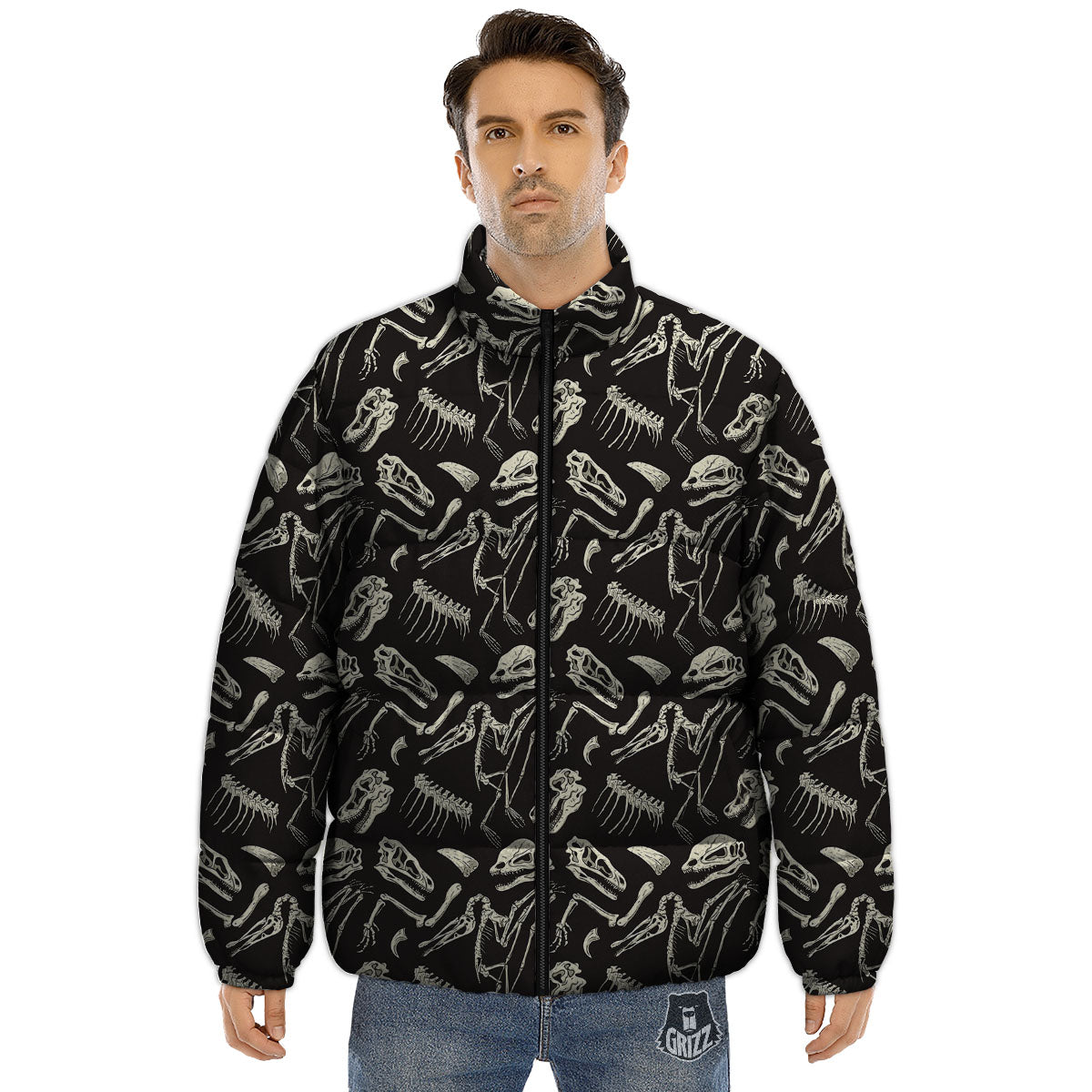 Fossil Dinosaur Monochrome Print Pattern Puffer Jacket-grizzshop
